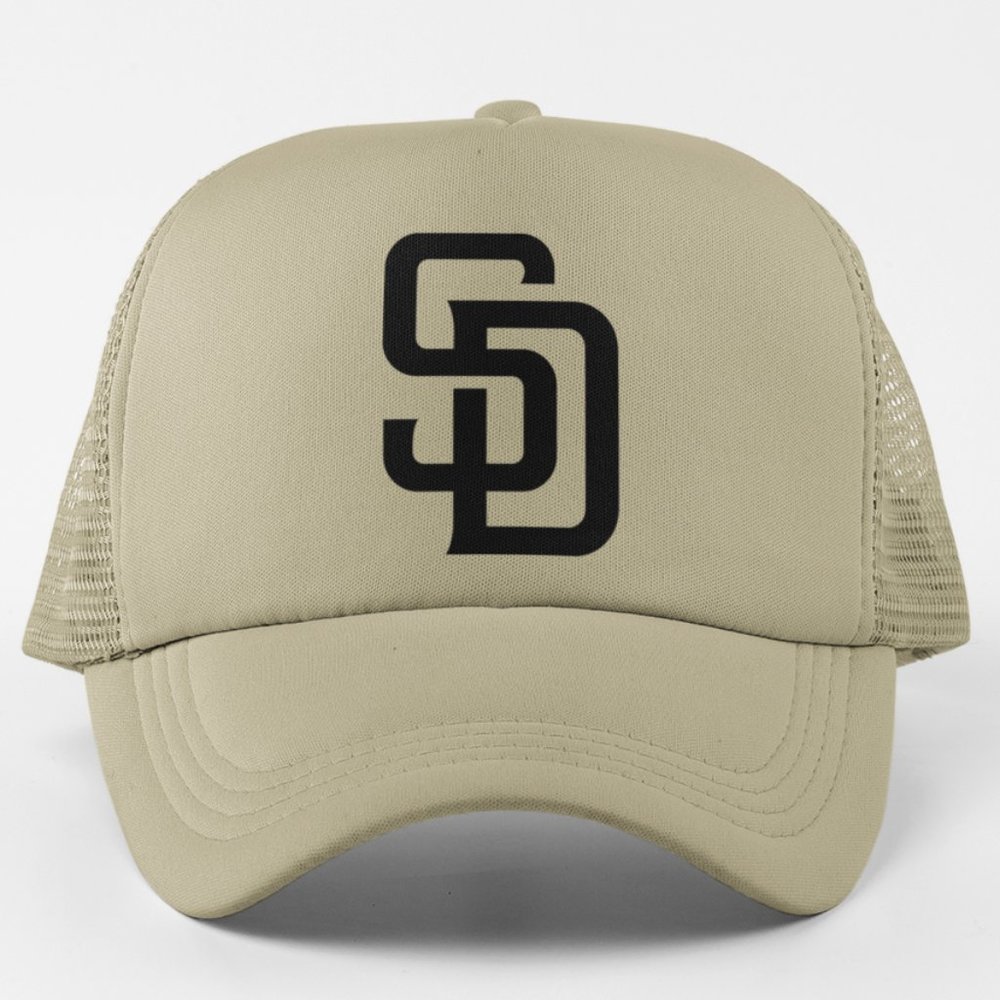 NEW San Diego Padres SD Monogram Logo Foam Trucker Mesh Snapback Hat KHAKI